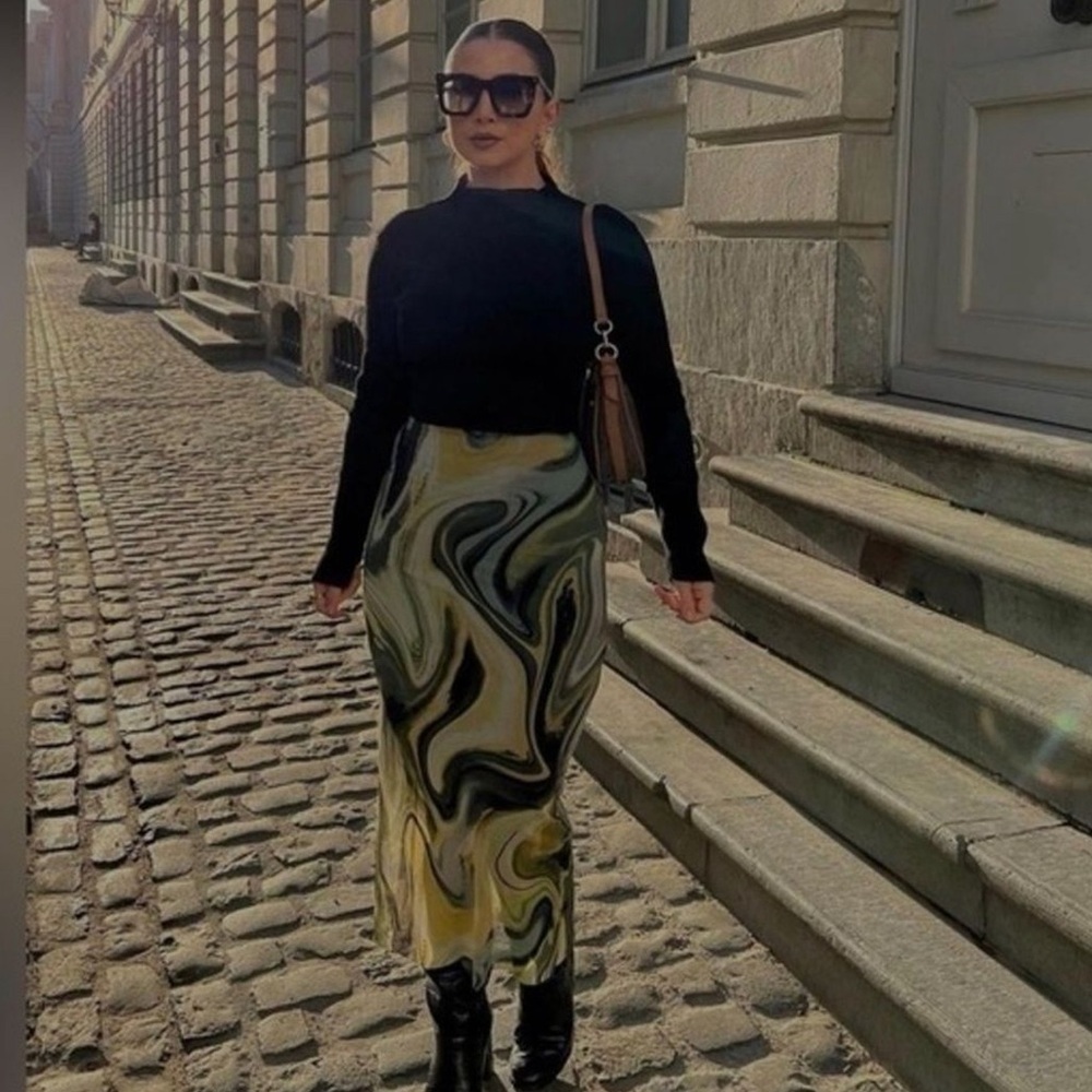 Zara Marble Print Midi Skirt - Black & Green